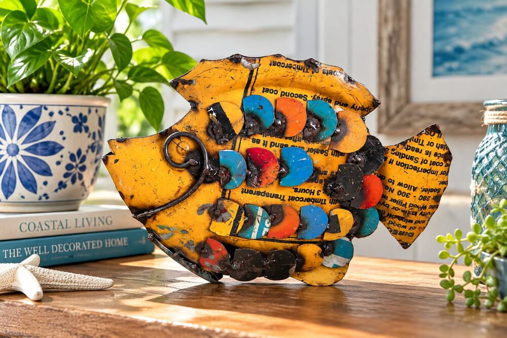 Recycled Metal Fish Sculpture, Upcycled Tin Folk Art, Yellow and Black Rustic Ta